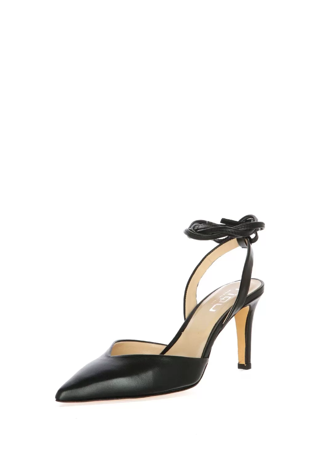 Online Decollete In Pelle Aperto Al Tallone Con Laccio A Caviglia Nero O Platino Donna Decollete E Slingback